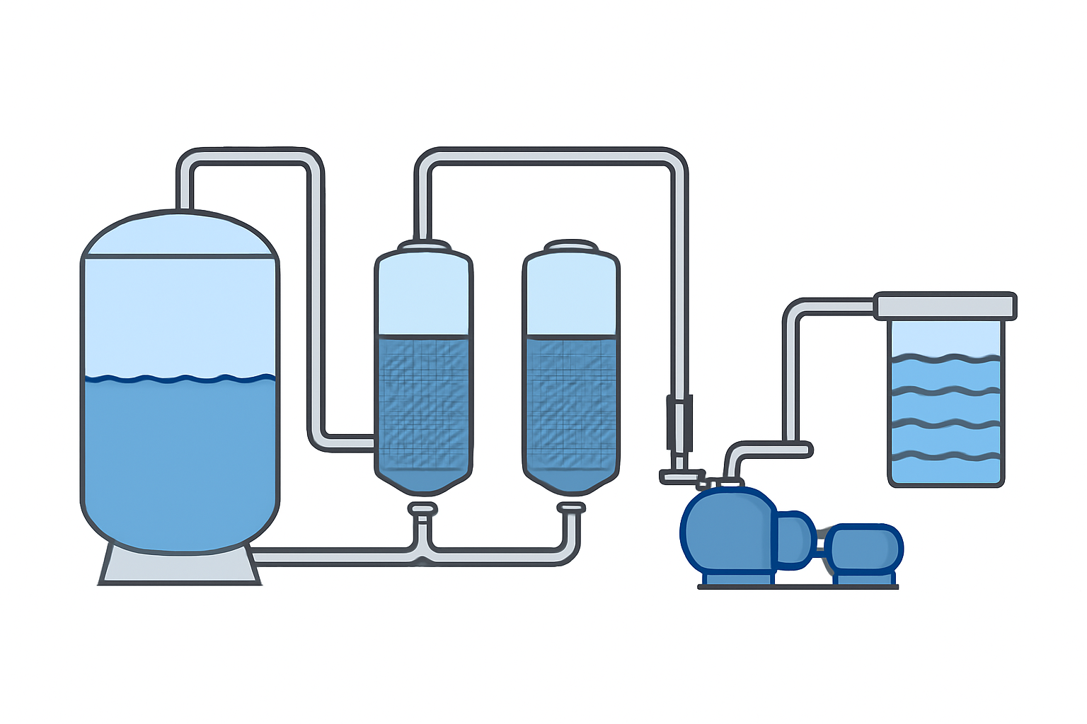 Illustration schématique d’une station de traitement de l’eau, avec réservoirs, filtres, pompes et canalisations disposés selon un parcours lisible, sans logo ni texte.