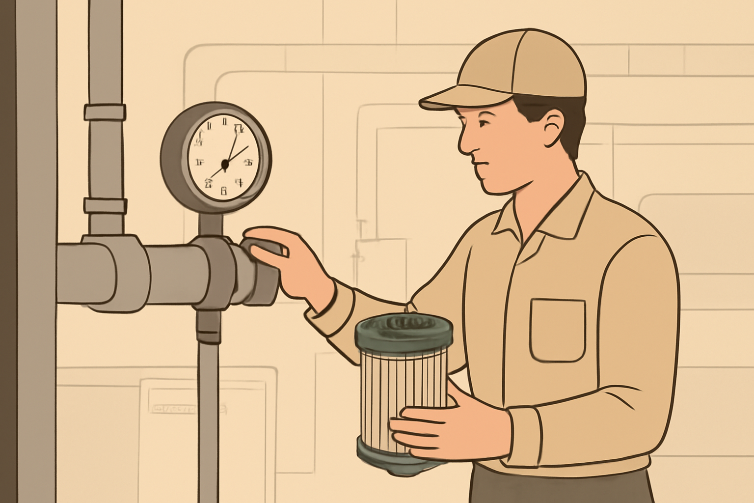 Illustration d’un technicien en tenue neutre vérifiant un filtre et un manomètre dans une salle de traitement stylisée, sans marque ni indication de performance.