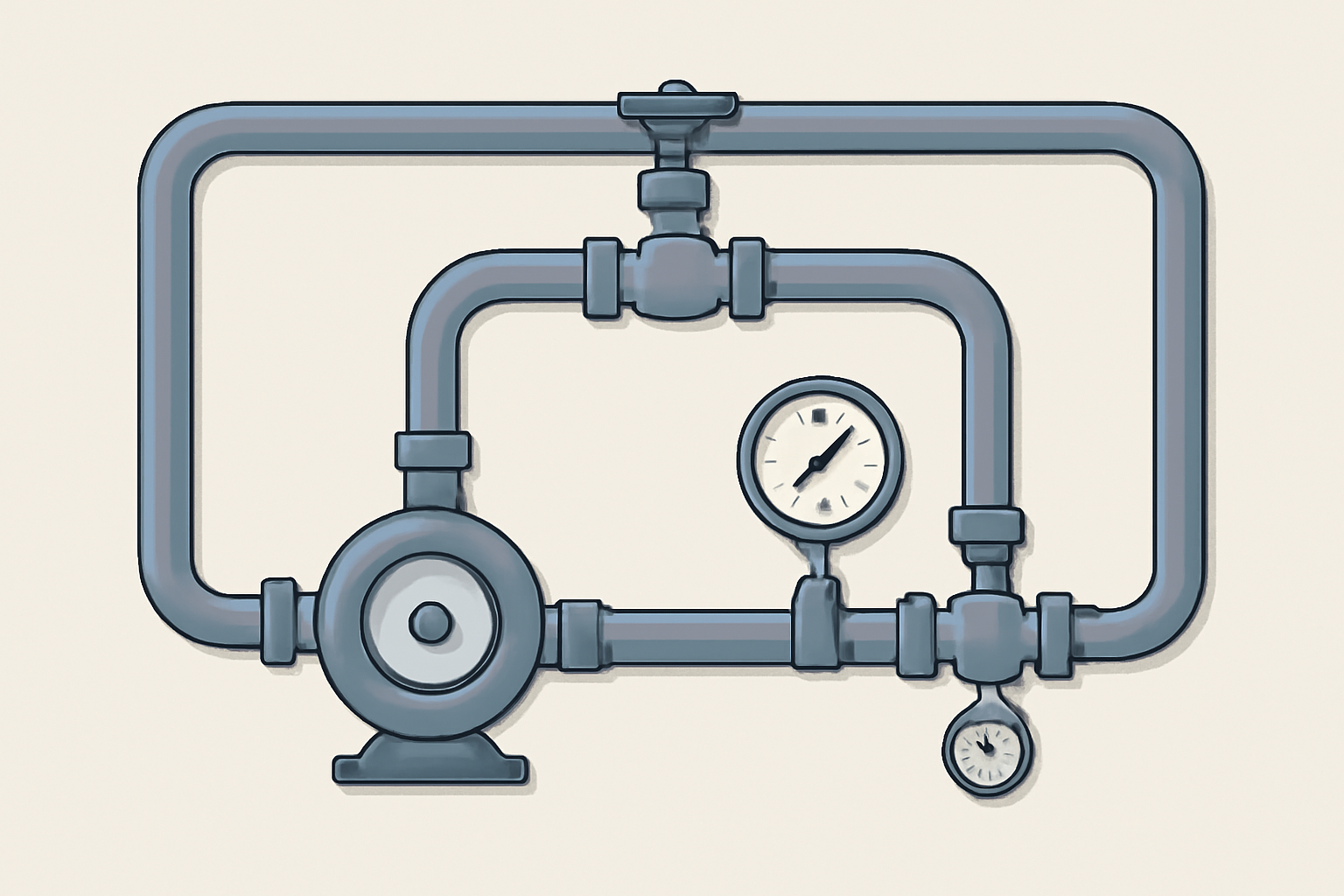 Illustration pédagogique en vue de dessus d’un circuit de maintenance : pompe, conduites, vannes et points de contrôle, représentés sur un fond clair, sans étiquettes ni texte.